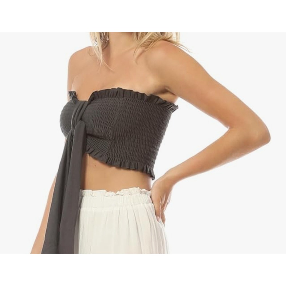 Zenana Ash Grey Smocked tie Bow‎ Front Tube Top Strapless Ruffle 2X